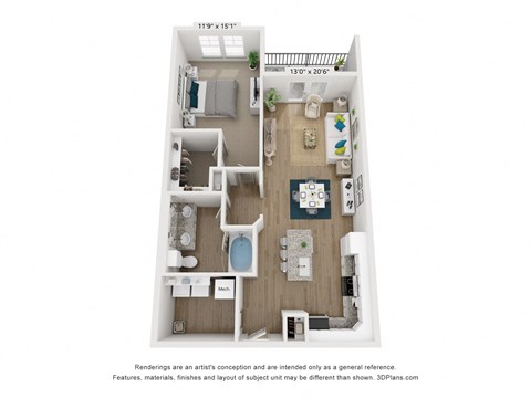 Floor plan for 1 bed, 1 bath, 853 sqft